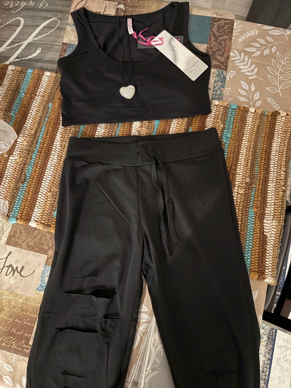 Women's Black Two-Piece Lounge Set - Crop Tank & Drawstring Pants - Picture 2 of 2